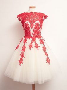 Stylish White And Red Lace Up Scalloped Appliques Quinceanera Court Dresses Tulle Sleeveless