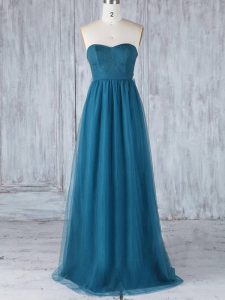 Modern Floor Length Teal Dama Dress for Quinceanera Tulle Sleeveless Appliques