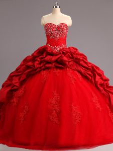 Red Sleeveless Taffeta and Tulle Court Train Lace Up 15 Quinceanera Dress for Military Ball and Sweet 16 and Quinceanera