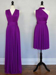 Purple Quinceanera Court of Honor Dress Prom and Beach and Wedding Party with Beading and Ruching Halter Top Sleeveless Lace Up