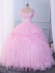 Sexy Pink Lace Up Sweetheart Beading and Ruffles Quinceanera Gowns Organza Sleeveless
