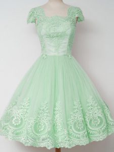 Glamorous Apple Green Zipper Quinceanera Court Dresses Lace Cap Sleeves Knee Length