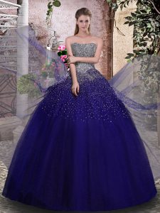Exceptional Royal Blue Tulle Lace Up Strapless Sleeveless Floor Length Ball Gown Prom Dress Beading