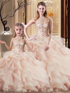 Beautiful Peach Tulle Lace Up Scoop Sleeveless Ball Gown Prom Dress Brush Train Beading and Ruffles
