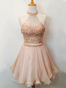 Organza Halter Top Sleeveless Lace Up Beading Quinceanera Dama Dress in Champagne