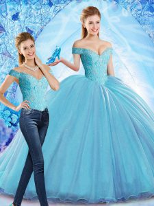 Baby Blue Off The Shoulder Neckline Beading Quinceanera Dresses Sleeveless Lace Up