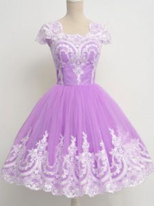 3 4 Length Sleeve Tulle Knee Length Zipper Dama Dress for Quinceanera in Lavender with Lace