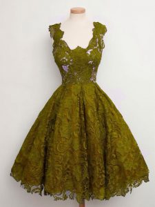 Unique Olive Green Lace Up Quinceanera Dama Dress Lace Sleeveless Knee Length