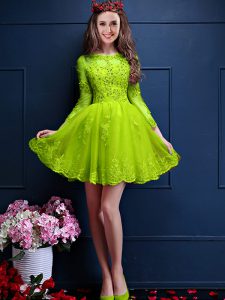 Shining Yellow Green Chiffon Lace Up Scalloped 3 4 Length Sleeve Mini Length Quinceanera Court Dresses Beading and Lace and Appliques