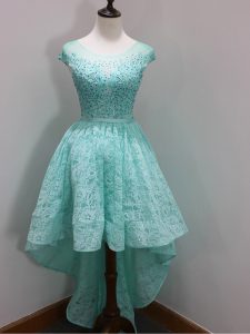 High Low Zipper Court Dresses for Sweet 16 Aqua Blue for Prom and Party and Wedding Party with Beading and Lace