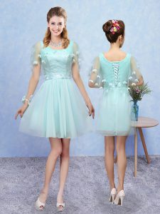 Shining Tulle Scoop Sleeveless Lace Up Appliques Quinceanera Dama Dress in Aqua Blue