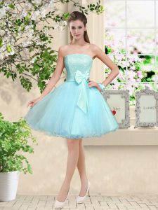 Custom Fit Sleeveless Organza Knee Length Lace Up Damas Dress in Aqua Blue with Lace and Belt
