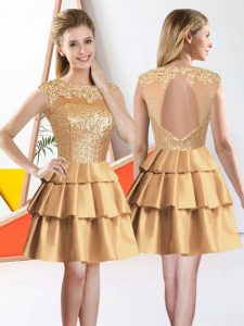 Gold Backless Damas Dress Beading and Lace Sleeveless Knee Length
