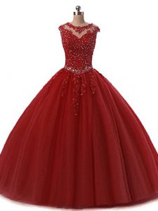 Customized Sleeveless Tulle Floor Length Lace Up Quinceanera Gowns in Wine Red with Beading and Lace