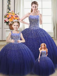 Traditional Sleeveless Floor Length Beading Lace Up Ball Gown Prom Dress with Royal Blue