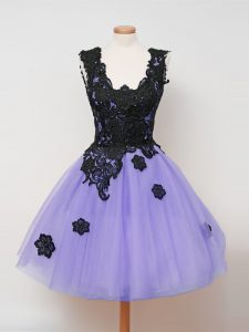 Glittering Sleeveless Tulle Knee Length Zipper Quinceanera Court of Honor Dress in Lavender with Lace