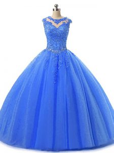 Scoop Sleeveless Lace Up Quinceanera Gowns Blue Tulle