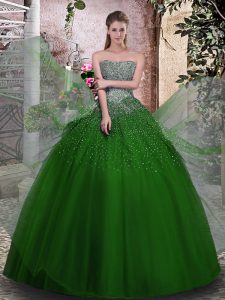 Custom Designed Green Ball Gowns Strapless Sleeveless Tulle Floor Length Lace Up Beading Vestidos de Quinceanera