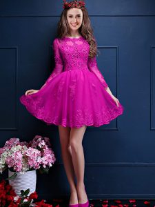 Fuchsia 3 4 Length Sleeve Chiffon Lace Up Dama Dress for Quinceanera for Prom and Party