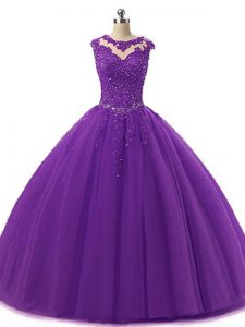 Dark Purple 15th Birthday Dress Military Ball and Sweet 16 and Quinceanera with Beading and Lace Scoop Sleeveless Lace Up