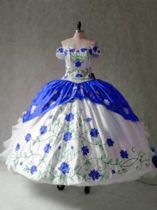 Pretty Blue And White Ball Gowns Organza and Taffeta Off The Shoulder Cap Sleeves Embroidery and Ruffles Floor Length Lace Up Sweet 16 Dress