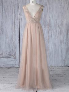 Elegant Peach Zipper V-neck Lace Vestidos de Damas Tulle Sleeveless