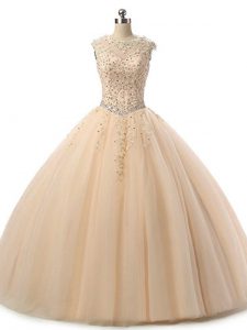 Ideal Champagne Scoop Lace Up Beading and Lace Ball Gown Prom Dress Sleeveless