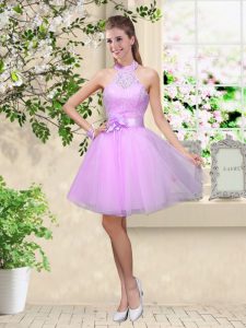 Noble Lavender Tulle Lace Up Court Dresses for Sweet 16 Sleeveless Knee Length Lace and Belt