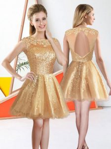 Knee Length Champagne Quinceanera Court Dresses Bateau Sleeveless Backless