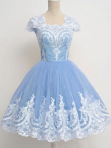 Cap Sleeves Knee Length Lace Zipper Quinceanera Dama Dress with Light Blue