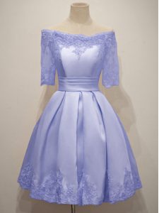 Lavender Taffeta Lace Up Dama Dress for Quinceanera Half Sleeves Knee Length Lace