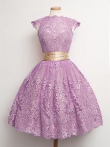 Romantic Belt Quinceanera Court Dresses Lilac Lace Up Cap Sleeves Knee Length