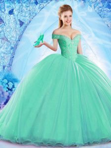 Customized Turquoise Ball Gowns Off The Shoulder Sleeveless Organza Brush Train Lace Up Beading Quince Ball Gowns