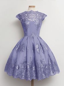 Best Knee Length Lavender Dama Dress Scalloped Cap Sleeves Lace Up