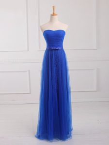 Suitable Sweetheart Sleeveless Quinceanera Court of Honor Dress Floor Length Belt Royal Blue Tulle and Lace