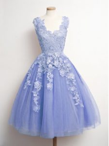 Edgy Lavender V-neck Neckline Appliques Dama Dress for Quinceanera Sleeveless Lace Up
