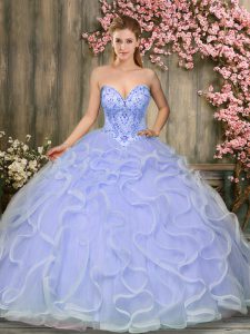 Lavender Tulle Lace Up Sweetheart Sleeveless Floor Length Quinceanera Gowns Beading and Ruffles