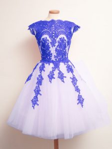 Blue And White Quinceanera Court Dresses Prom and Party and Wedding Party with Appliques Scalloped Sleeveless Lace Up