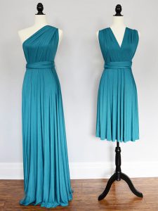 Flare Ruching Quinceanera Dama Dress Teal Lace Up Sleeveless Floor Length