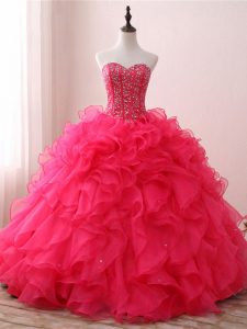 Ball Gowns Vestidos de Quinceanera Hot Pink Sweetheart Organza Sleeveless Floor Length Lace Up