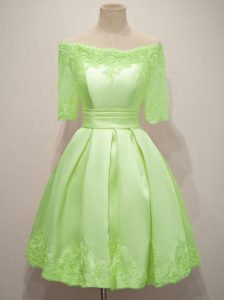Yellow Green Dama Dress Prom and Party and Wedding Party with Lace Off The Shoulder Half Sleeves Lace Up