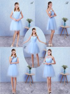 Blue A-line Ruching Quinceanera Court of Honor Dress Lace Up Tulle Sleeveless Knee Length