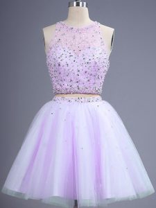 Lavender Tulle Lace Up Scoop Sleeveless Knee Length Quinceanera Dama Dress Beading