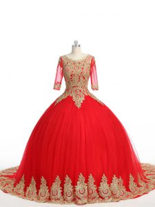 Red Scoop Zipper Lace and Appliques Quinceanera Gown Brush Train Half Sleeves