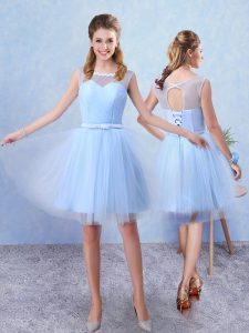 Sumptuous Sleeveless Tulle Knee Length Lace Up Court Dresses for Sweet 16 in Blue with Ruching and Belt