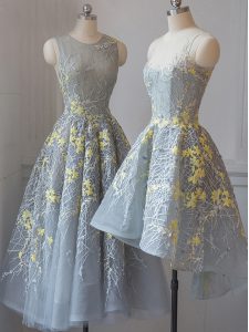Custom Fit Lace Dama Dress for Quinceanera Grey Criss Cross Sleeveless Tea Length