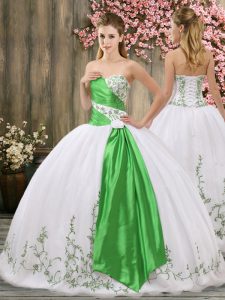 Sweetheart Sleeveless Ball Gown Prom Dress Floor Length Embroidery and Belt White Organza