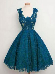 Stylish Teal Straps Lace Up Lace Quinceanera Court of Honor Dress Sleeveless