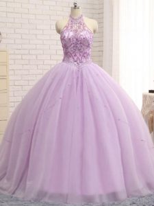 Lilac Quinceanera Dress Halter Top Sleeveless Brush Train Lace Up