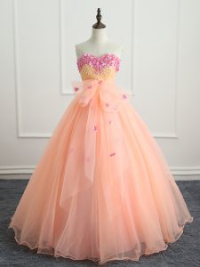 Decent Floor Length Lace Up Sweet 16 Quinceanera Dress Peach for Military Ball and Sweet 16 and Quinceanera with Beading and Appliques and Bowknot